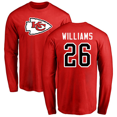 Men Kansas City Chiefs #26 Williams Damien Red Name and Number Logo Long Sleeve T-Shirt